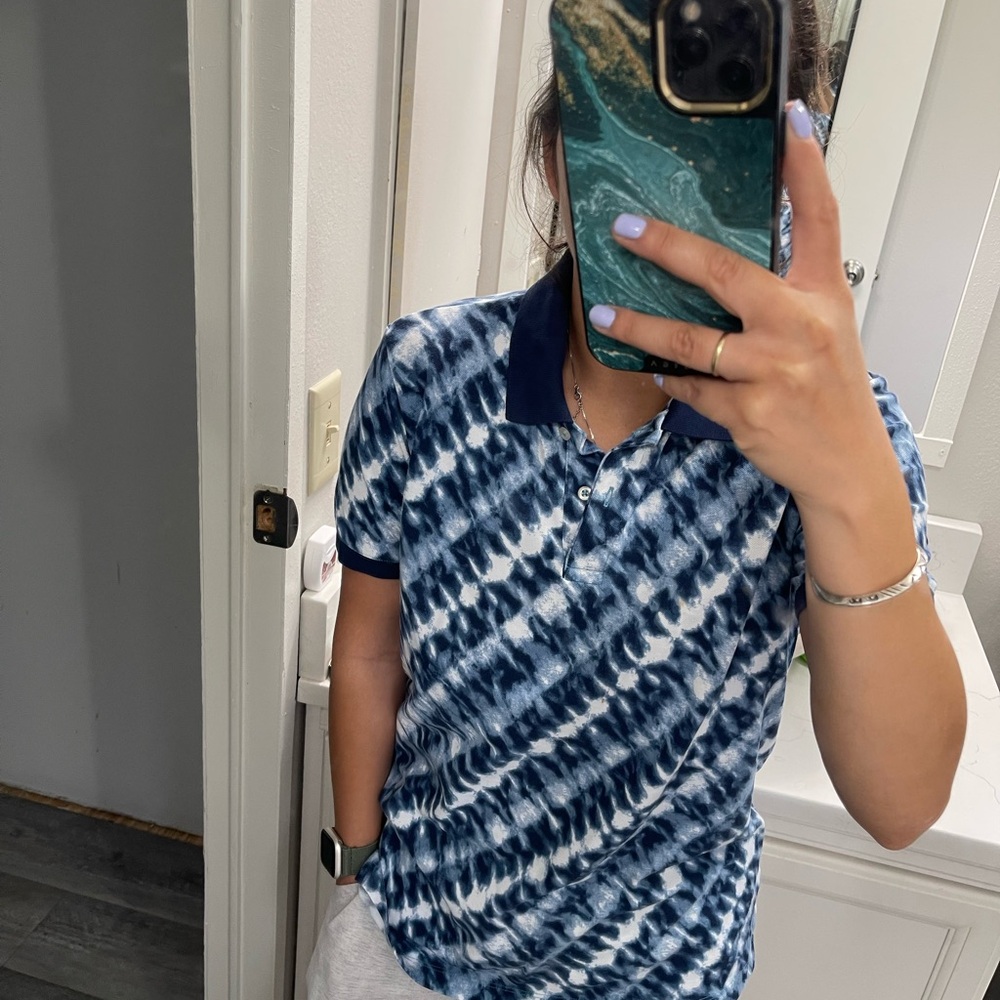 Lands' End Blue and White Fitted Polo Top